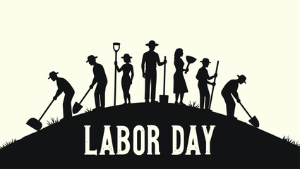 Labor Day Silhouette Workers with Tools on Hill