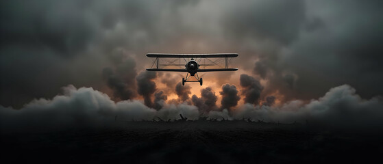 Vintage Biplane Soars Through War Clouds