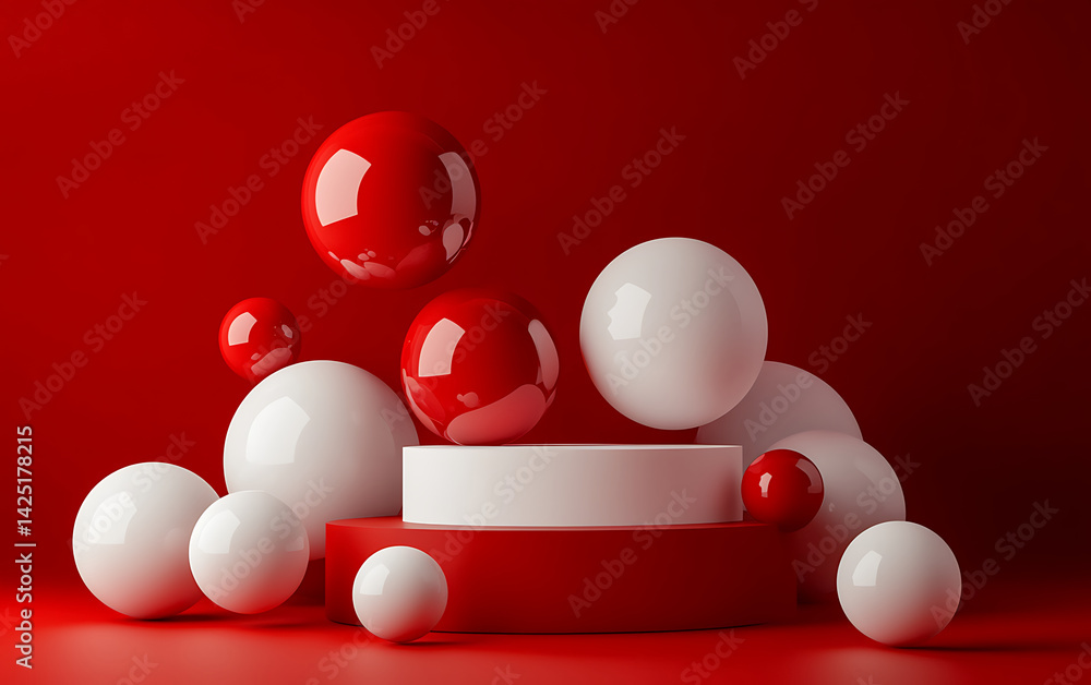 Poster red and white spheres arranged on a circular pedestal create a bold modern display in a minimalist s