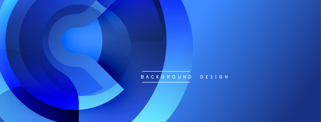 Abstract blue layers create dynamic circular composition. Gradient shades offer depth, modern aesthetic. Minimalist design suitable for backgrounds, presentations.