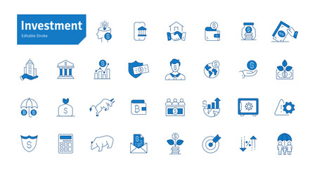 Investment Blue Line Icons Set. Property, Economy, Portfolio, Strategy, Banking, Money, Investor, Currency, Retirement, Wealth Icons. Editable Stroke Vector Illustration