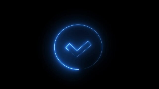 glowing neon color tick mark sign sample motion background video for mobile
Glowing blue checkmark inside a circle animated on a black background.Right mark icon white background 4k video.