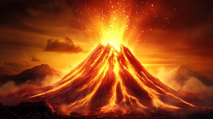 A vibrant volcanic eruption with lava and ash against a dramatic sky.