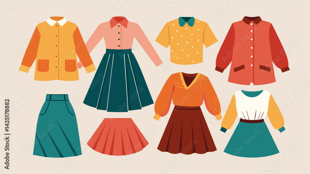 Poster A collection of flowy skirts and blouses demonstrating the versatility of thrifting and how secondhand pieces can be styled for any occasion.. Vector illustration