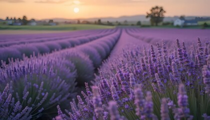 Obraz premium Lavender Field at Sunset Floral Landscape with Purple and Pink Hues