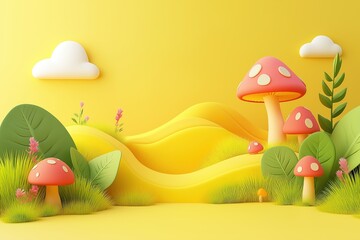 Playful 3D rendered scene with pastel color scheme showing a minimalist cute landscape featuring plants and a mushroom on right side