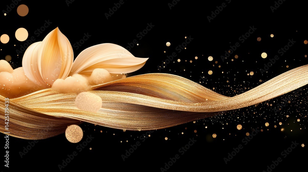 Poster elegant abstract gold wave with floating bokeh light particles on black background