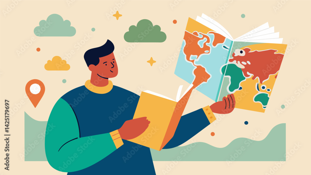 Poster a collector flipping through a book of handdrawn maps admiring the expertly drawn illustrations and 