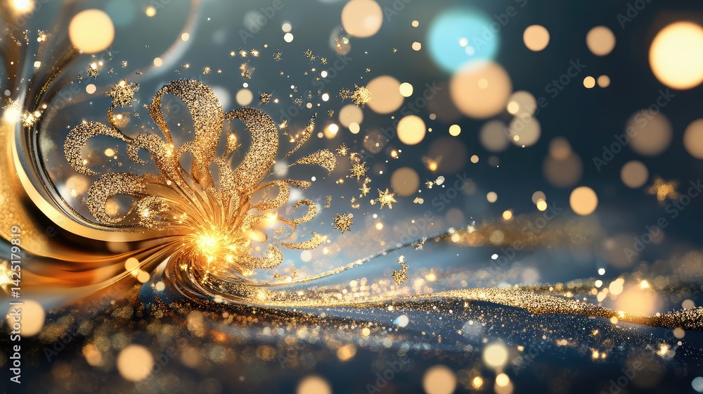 Poster luxurious swirling gold patterns with sparkling particles on a dark backdrop
