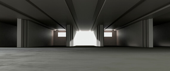 Empty Concrete Basement Interior with Minimalist Architecture and Dramatic Lighting