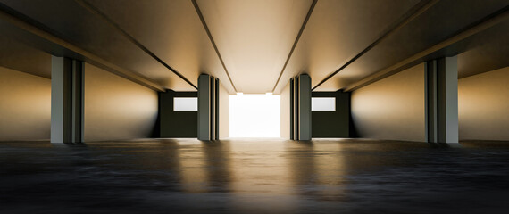 Empty Concrete Basement Interior with Minimalist Architecture and Dramatic Lighting