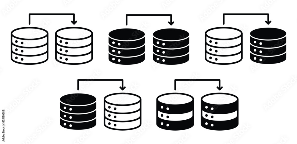 Poster database migration process diagram black and white cylindrical icons illustrating data transfer