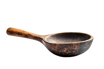 Rustic Wooden Ladle Aged Dark Brown Deep Bowl Long Handle Isolated on Black Background Vintage on transparent background