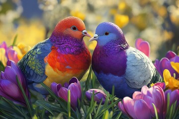 Colorful birds nestled amidst spring flowers