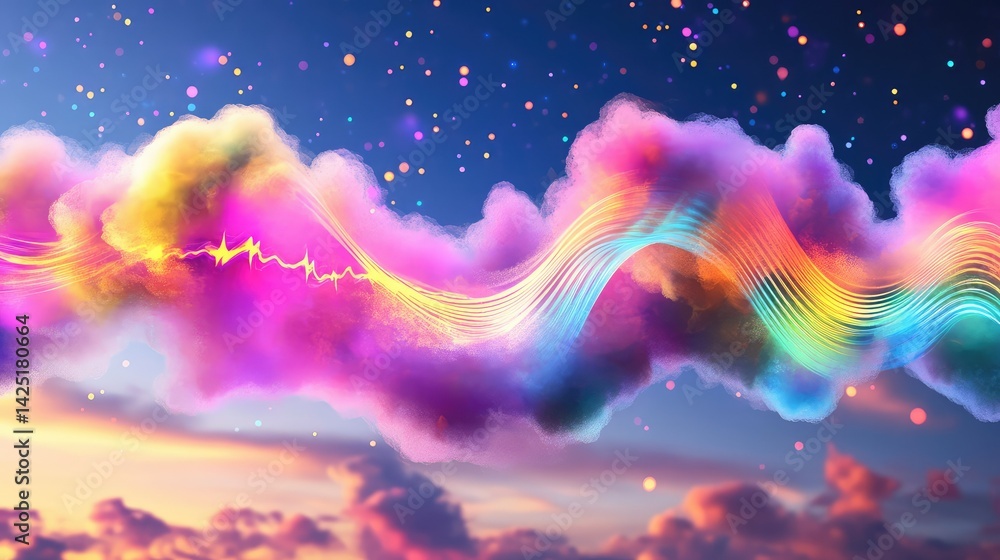 Poster techno-inspired music visual with luminous smoke and vibrant waveform pattern in space