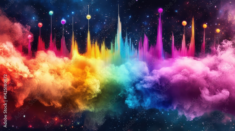 Poster techno-inspired music visual with luminous smoke and vibrant waveform pattern in space
