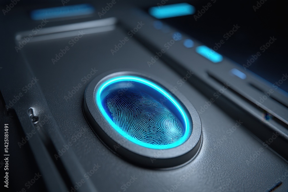Poster blockchain industry cryptocurrency data security concept. a close-up of a futuristic fingerprint sca