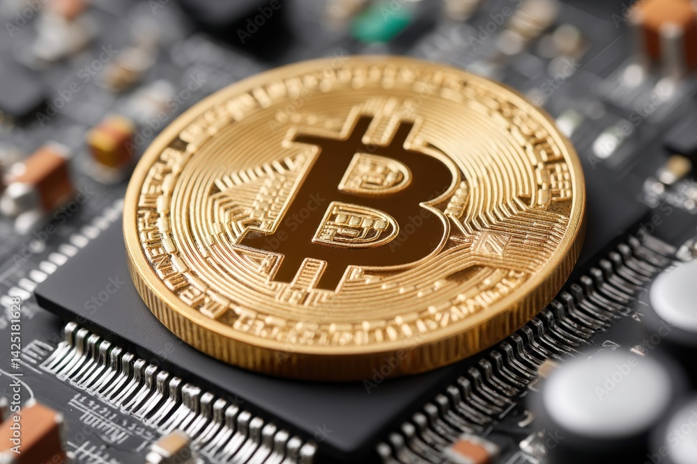 Poster blockchain industry cryptocurrency data security concept. a close-up of a bitcoin coin resting on a 