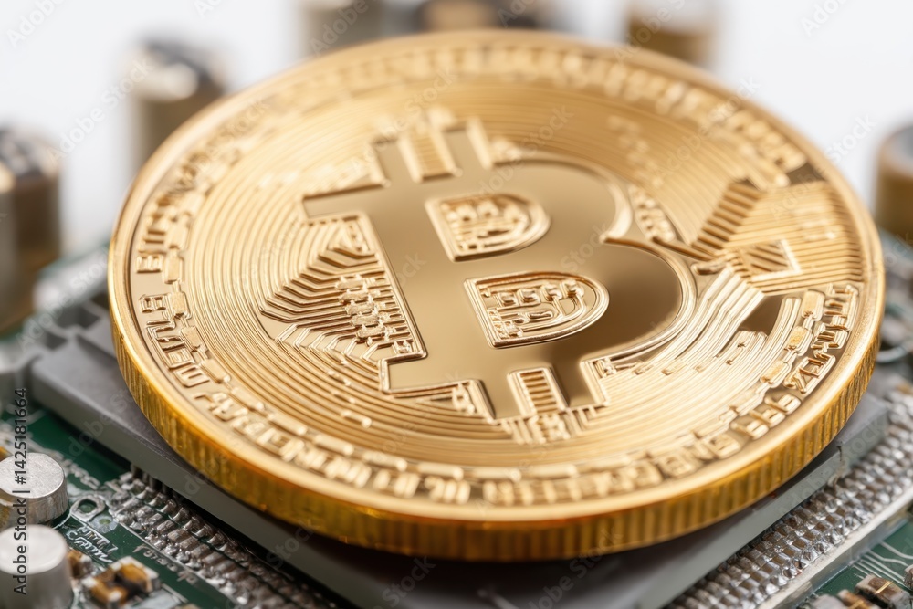 Poster blockchain industry cryptocurrency data security concept. a close-up of a bitcoin coin resting on a 