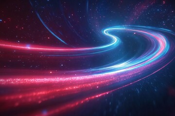 Fototapeta premium Swirling blue and red light trails against a dark starry cosmic backdrop. Ideal for representing speed, technology, and abstract concepts of space.