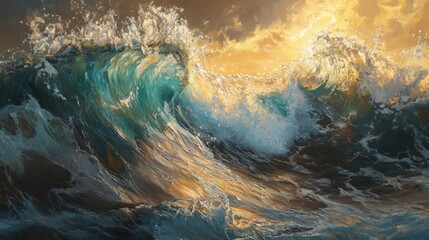 Painting of a Breaking Ocean Wave with Golden Light