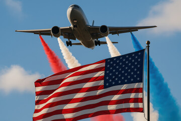 Airplane with colorful smoke trails flying over american flag in clear sky