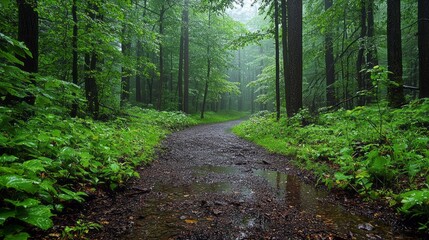 A forest path is wet from rain