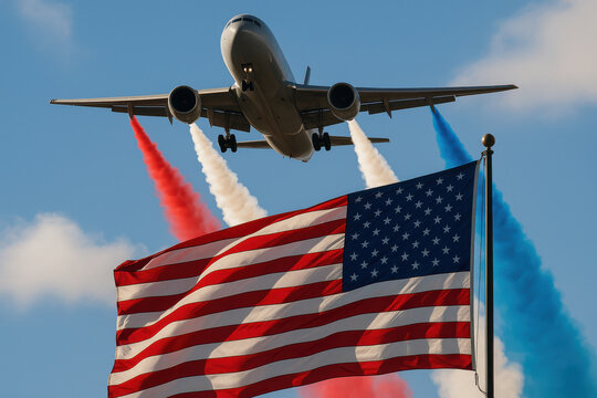 Airplane with colorful smoke trails flying over american flag in clear sky - Powered by Adobe
