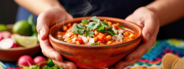 Hands Holding a Steaming Bowl of Pozole With Garnishes on a Colorful Tablecloth 