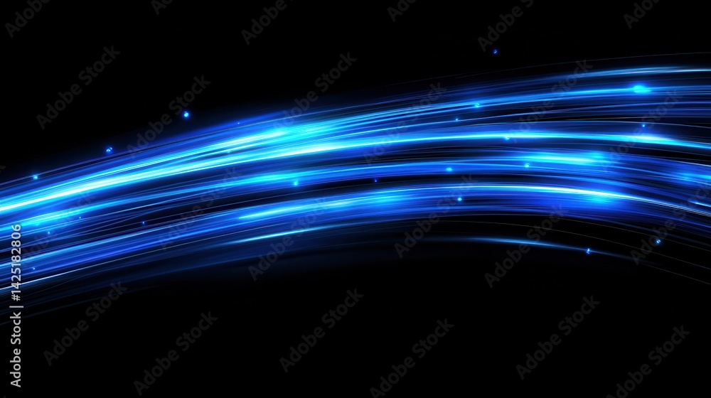Aufkleber glowing blue light streaks float over a black background with glitter. use as background for technol