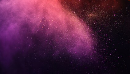Fototapeta premium Abstract, colorful, ethereal dust explosion. Soft pink, purple, and orange hues swirl in a dynamic display of particles against a dark background