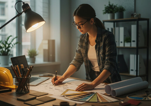 Female interior designer working at desk with architectural drawings, laptop, and desk lamp