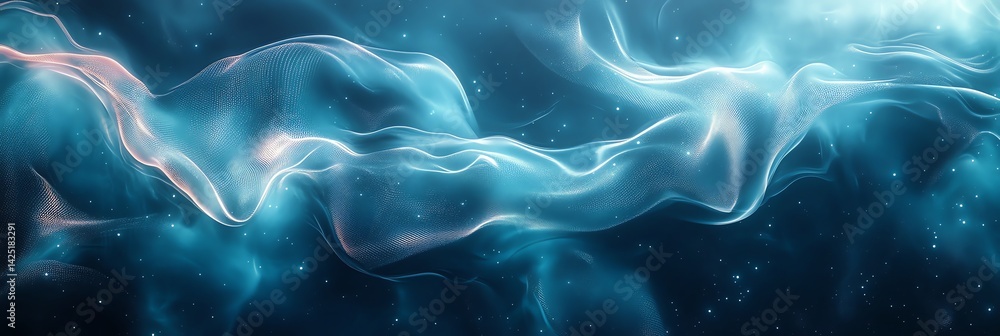 Poster abstract flowing blue wave background with glowing particles and digital texture