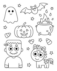 Fototapeta premium Cute Halloween Characters Black and White Line Drawing Kawaii Style Ghost Bat Pumpkin Cauldron Frankenstein Unicorn Candy Corn Stars