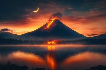 Fototapeta premium Volcano erupting at night reflecting in lake with crescent moon in the sky and orange sunset glow