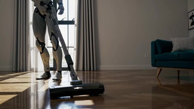 A humanoid robot vacuums the floor in a modern living room. 
