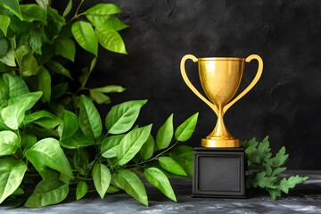 Golden Trophy Triumph Celebrating Success Amidst Nature's Verdant Embrace and Dark Mystery.