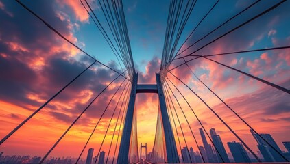 Obraz premium Sunset Symphony: A Bridge to the City Skyline