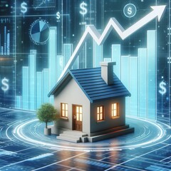 A house symbolizing real estate growth and financial success with market graphs