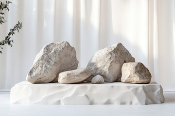 Stones sit on a white platform, with a sheer curtain backdrop. Perfect for showcasing products, cosmetics, or minimalist designs.