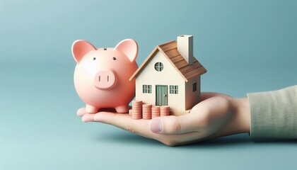 Saving money for the future with a piggy bank and house model concept