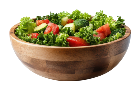 Fresh vibrant garden salad in a rustic wooden bowl perfect for a healthy meal showcasing crisp on transparent background