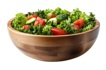 A fresh vibrant salad of tomatoes cucumbers and lettuce in a rustic wooden bowl perfect for a on transparent background