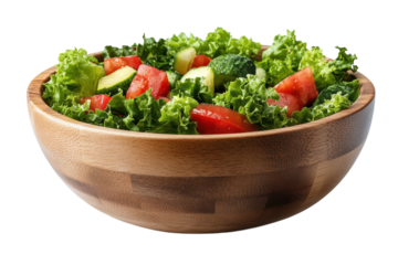 A fresh vibrant salad of tomatoes cucumbers and lettuce in a rustic wooden bowl perfect for a on transparent background