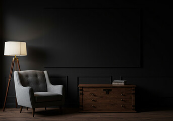 Stylish dark office interior with modern furniture, warm lamp light, and minimalist decor