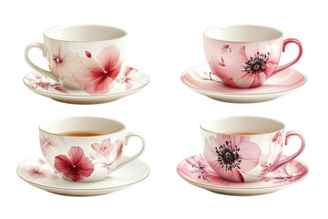 Elegant floral teacups and saucers set showcasing delicate pink and red blossoms on fine porcelain perfect for afternoon tea or a special on transparent background