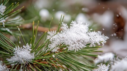 Snowflakes on Pine Needles Close-Up