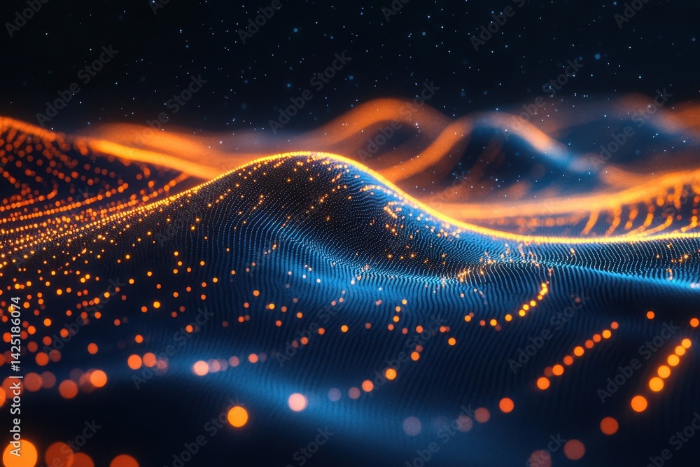 Poster abstract wave of digital data with orange and blue glowing dots. good visual for science, technology