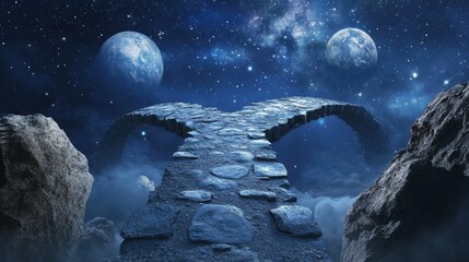 Fototapeta premium Stone Path Splitting Into Two Bridges Under a Starry Night Sky