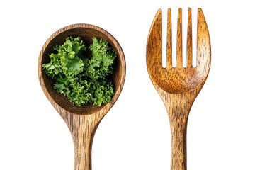 Fresh kale in a rustic wooden spoon ready to be eaten alongside a wooden fork against a stark on transparent background